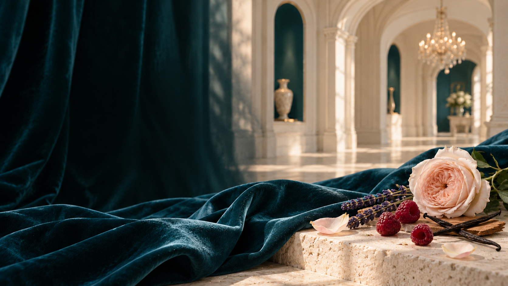 Two fragrance worlds brought together on petrol-blue fabric
