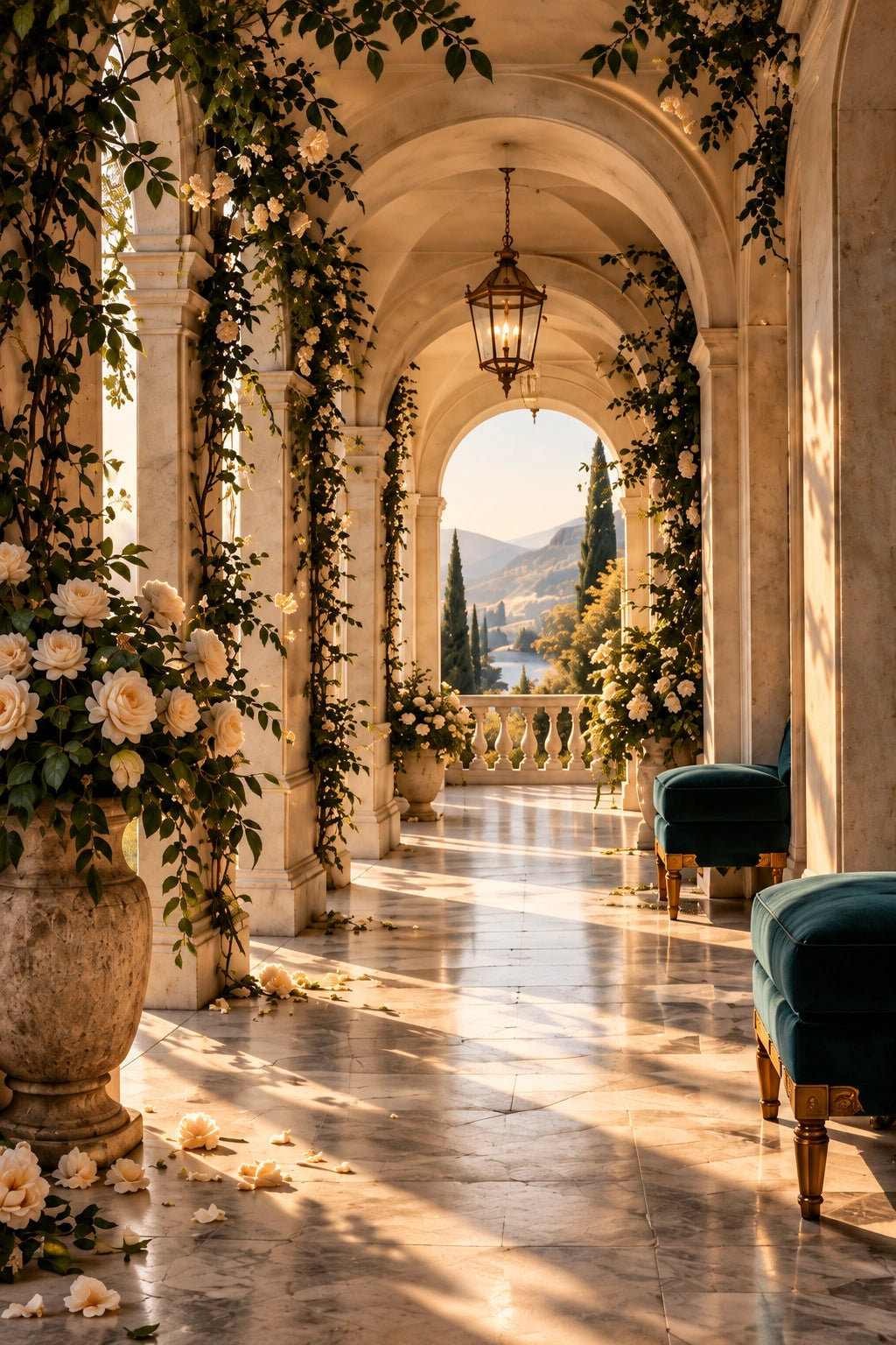 Sunlit corridor with ivory arches, roses and petrol-blue benches