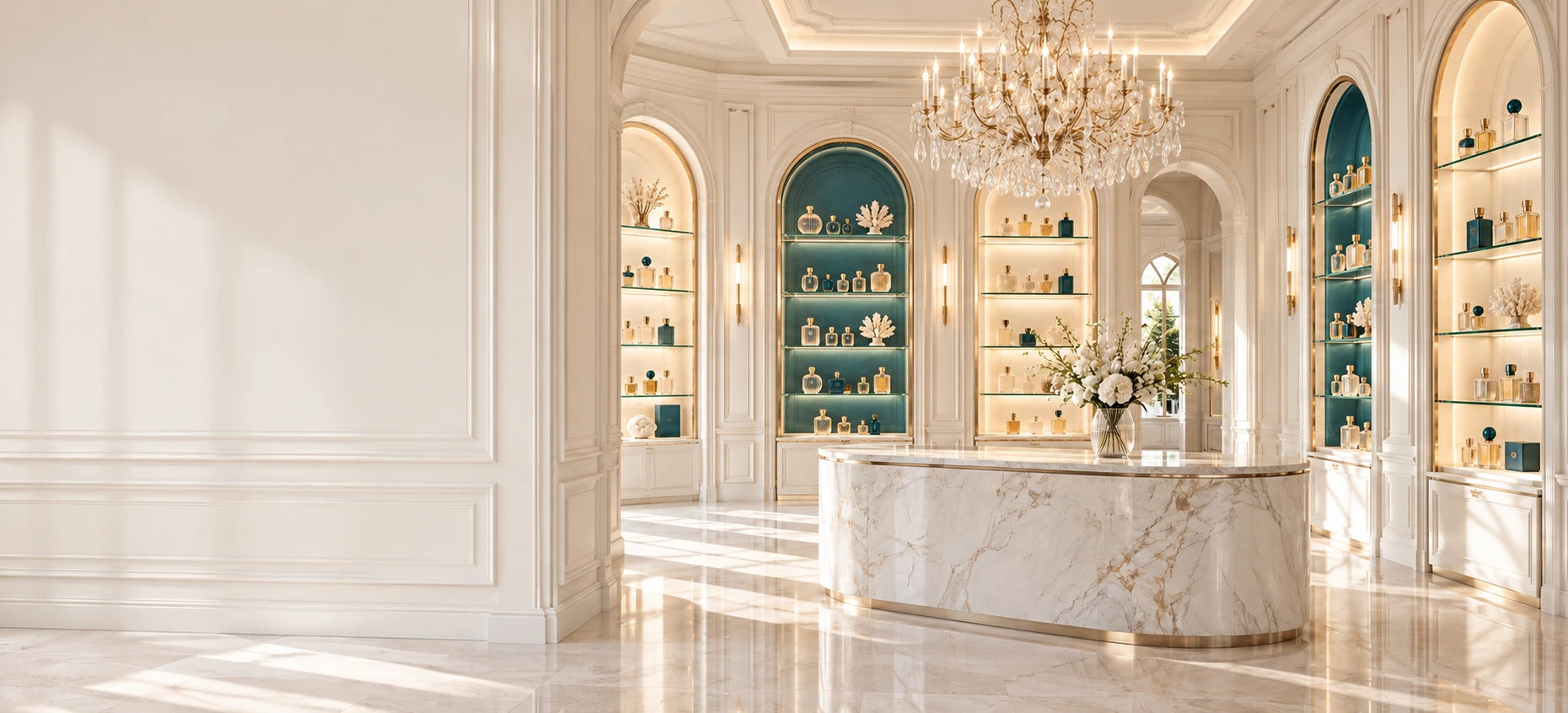 Illustrated perfume boutique interior with white arches, illuminated shelves and a crystal chandelier