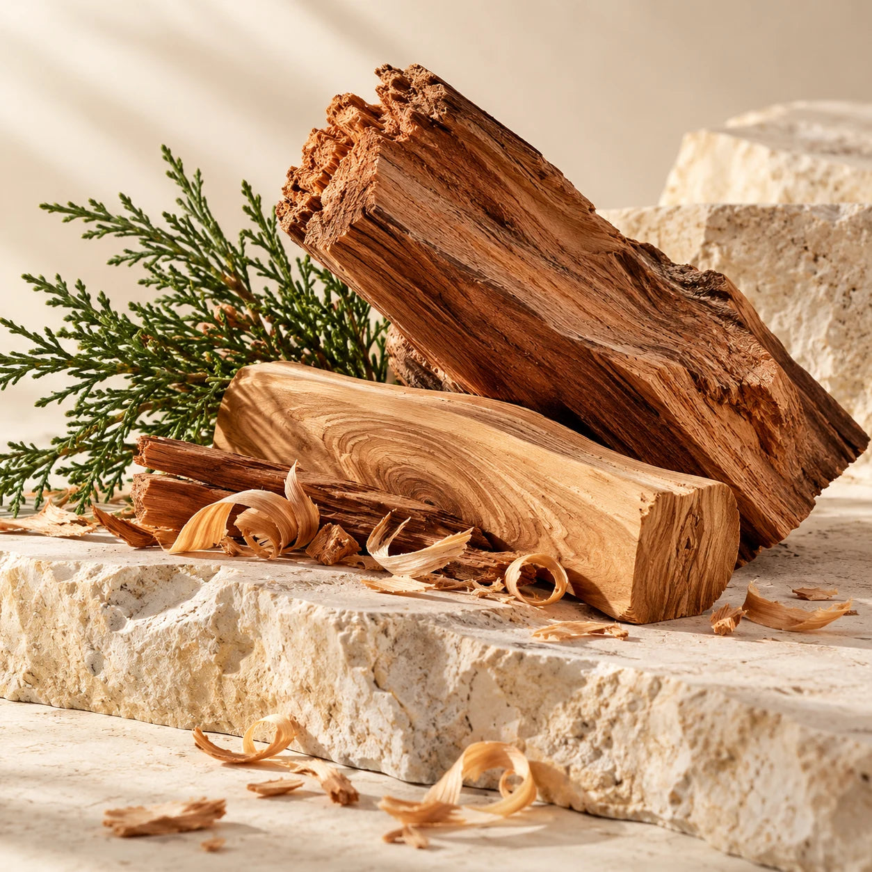 Cedar and sandalwood on pale stone