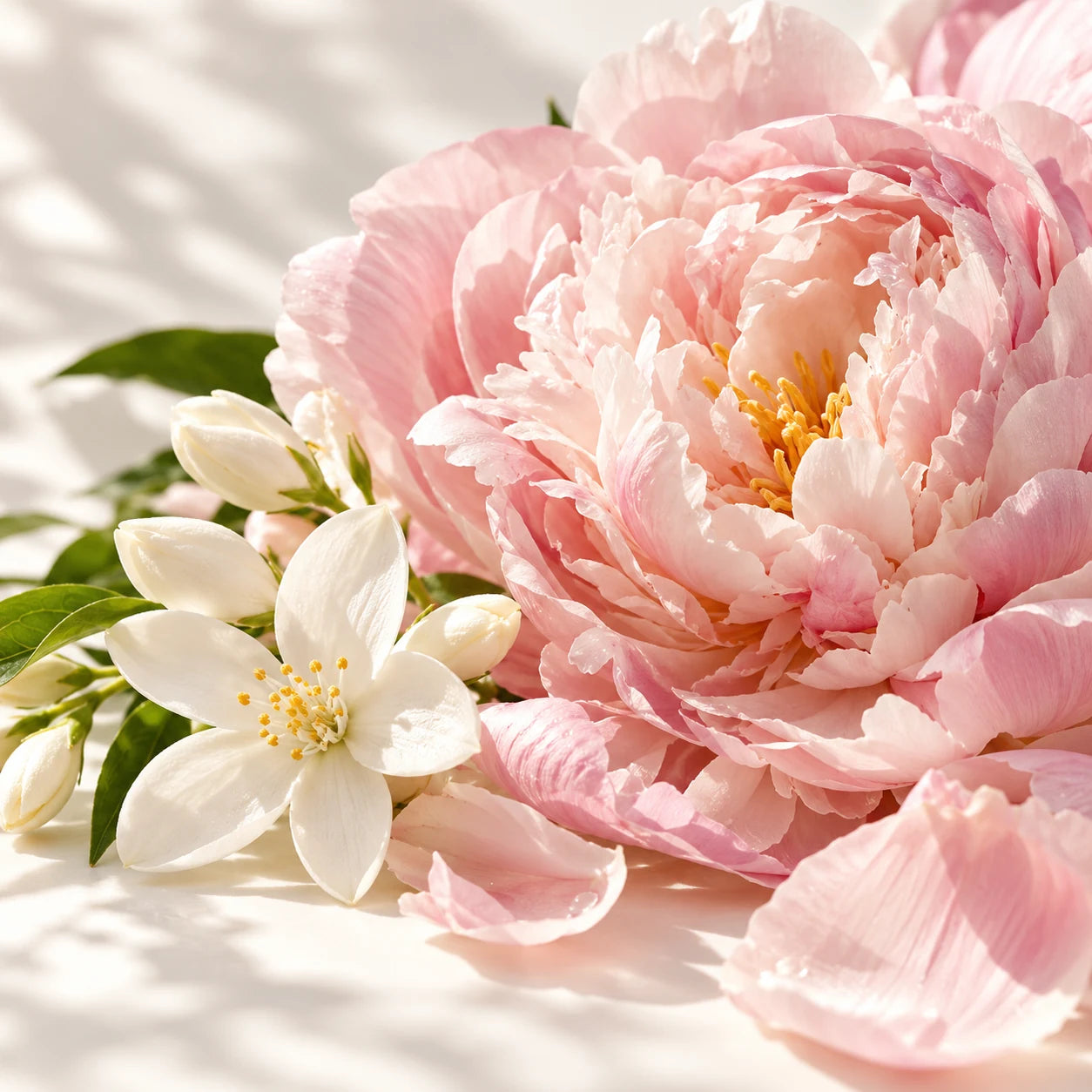 Pale pink peony and white flowers