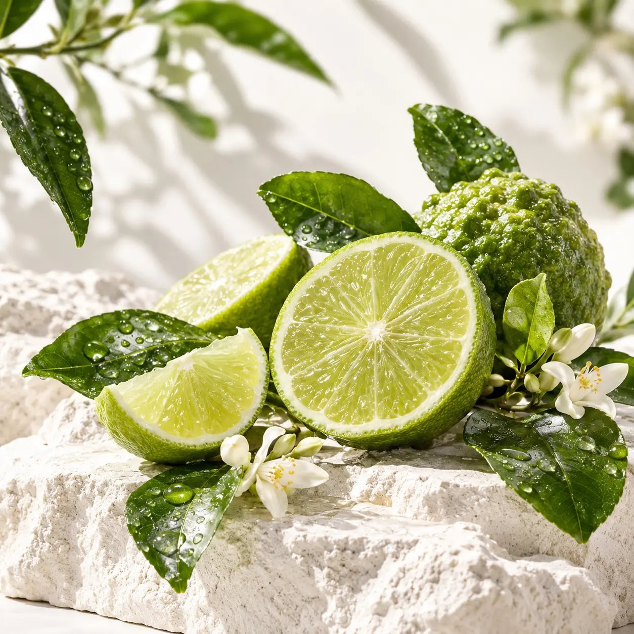 Lime, fresh leaves and white flowers on pale stone