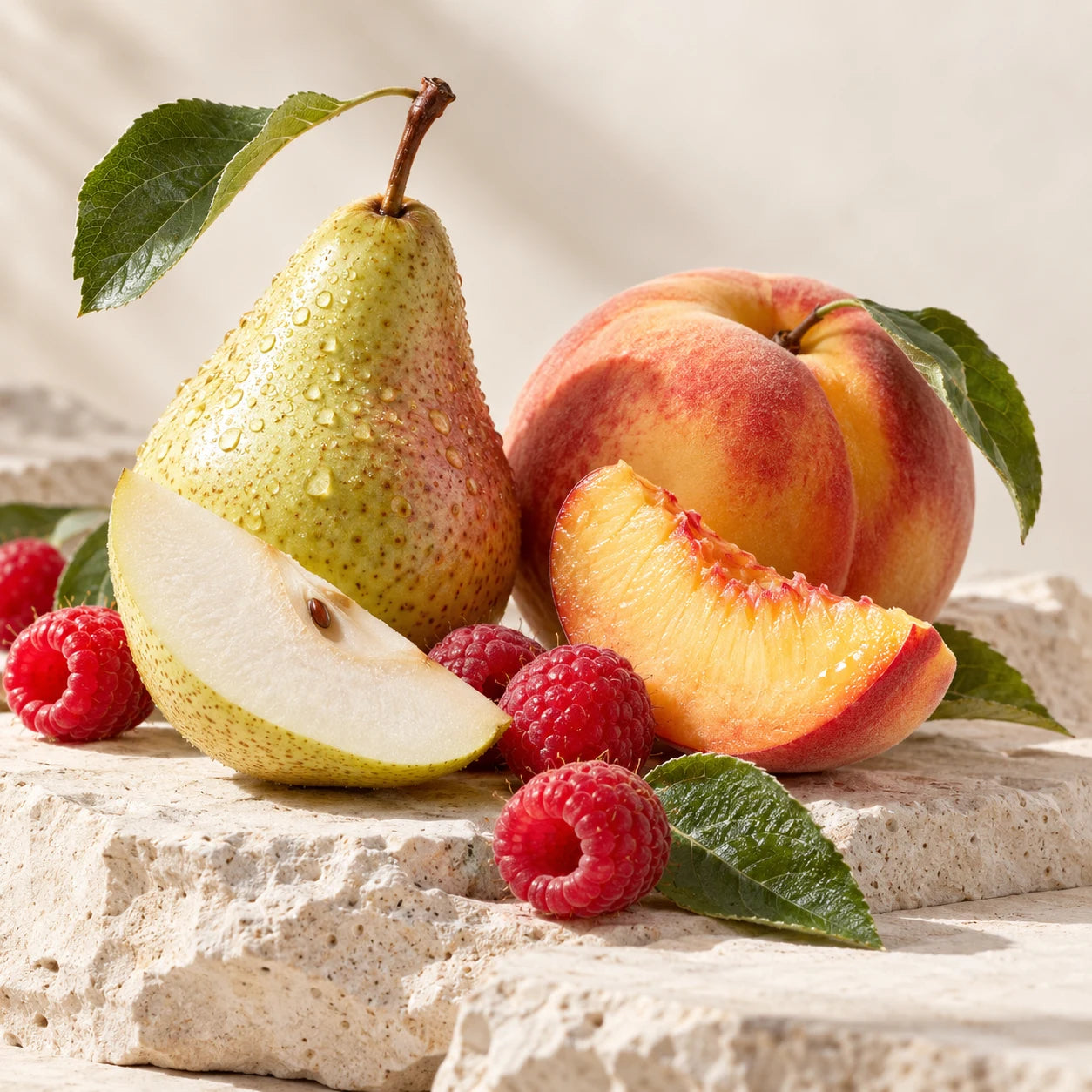 Pear, peach and raspberries on pale stone