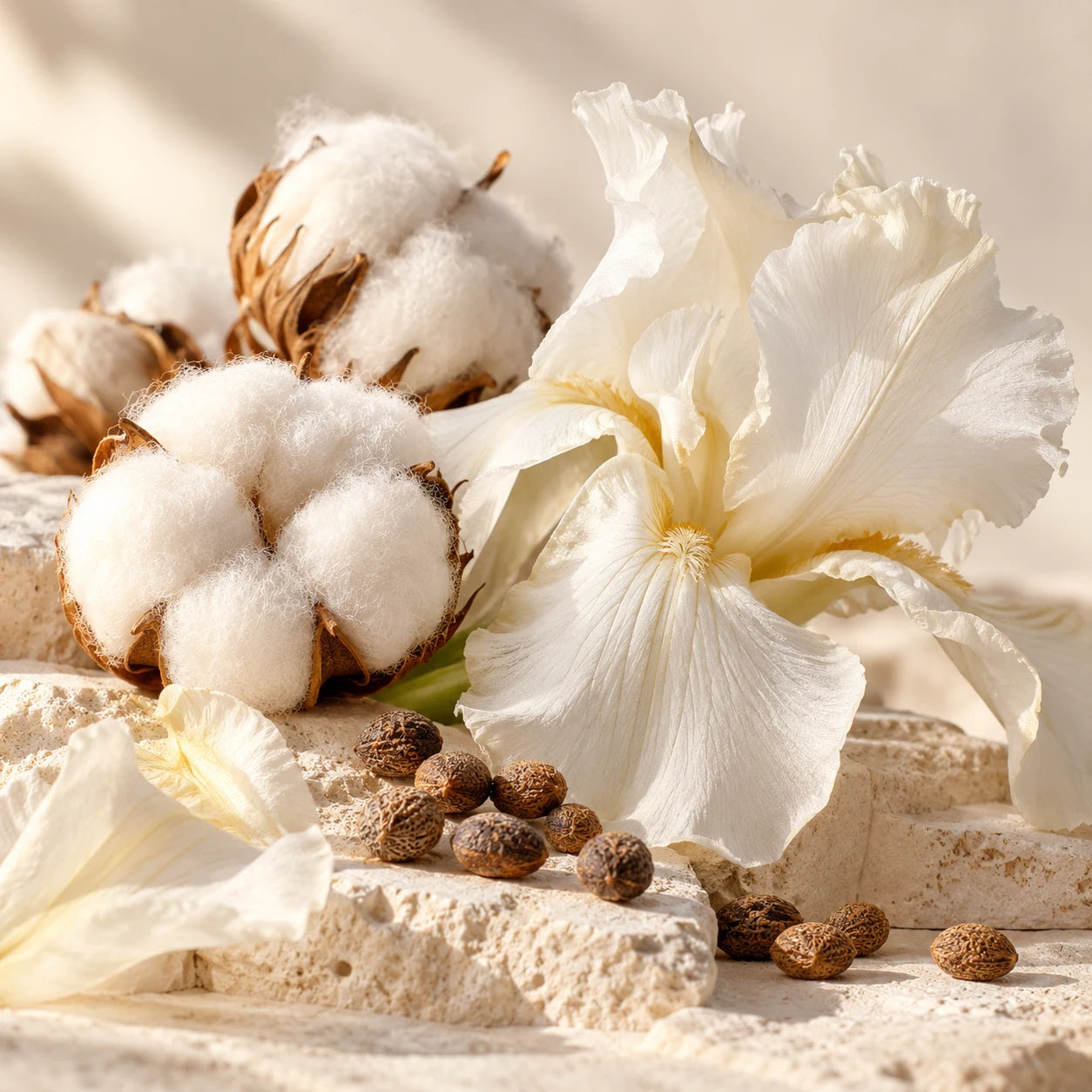Cotton, iris and ambrette seeds on an ivory background